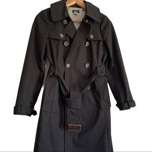 J Crew Classic Belted Black Cotton Trench Coat Size 2 X-Small 2011 Icon